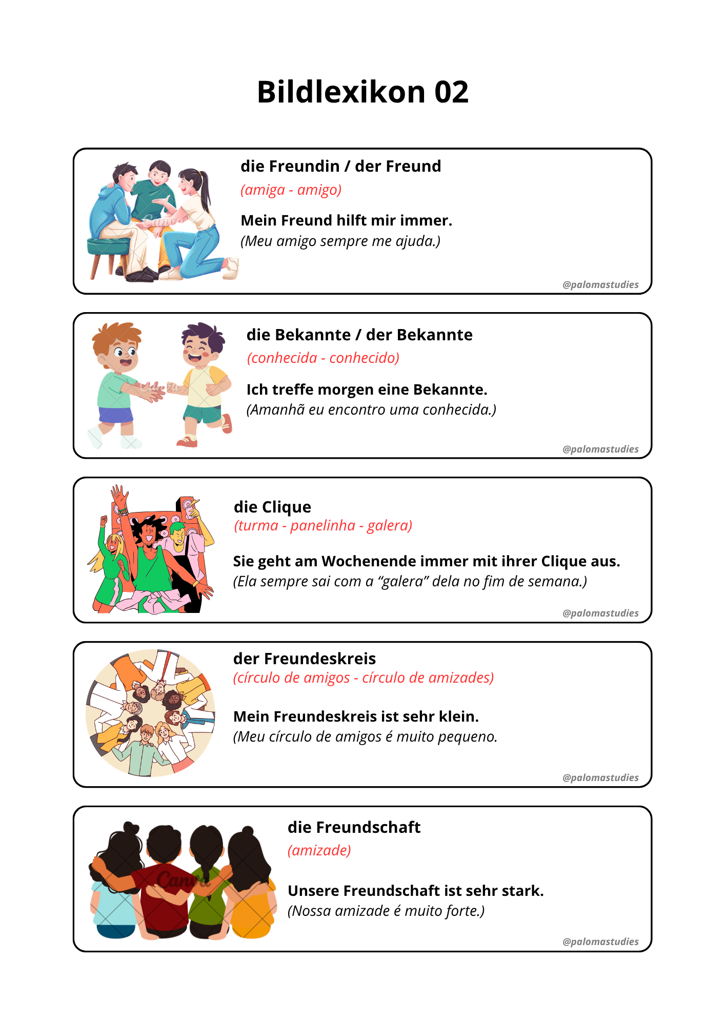 Página do Bildwelt com vocabulário e exemplos sobre amizades