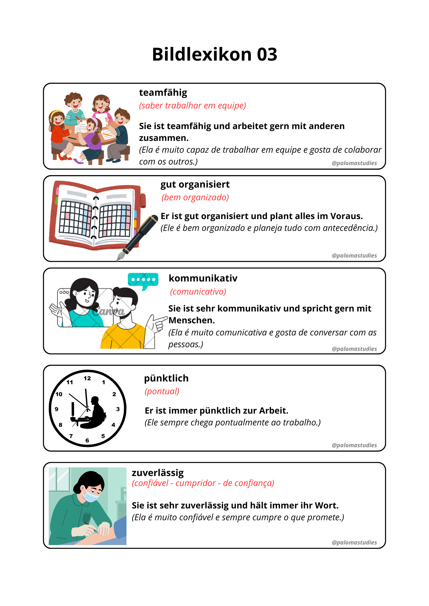 Página do Bildwelt com palavras, ilustrações e frases sobre o dia a dia
